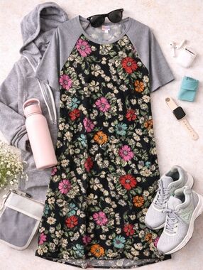 LuLaRoe Floral Raglan Dress 2XL Black Gray Pink Orange Sporty Casual